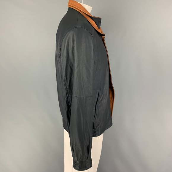 REMY Navy Tan Leather Zip Up Jacket - Picture 3 of 6